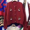 红色复古甜美立体樱桃加厚短款毛衣，外套秋冬季灯笼袖宽松针织开衫