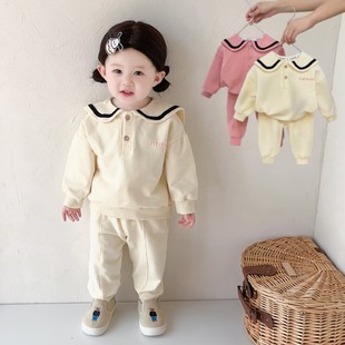 女宝宝秋装套装娃娃，领海军风衣服小童，学院风卫衣两件套儿童童装