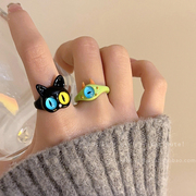 童趣黑色猫咪怪兽戒指女ins小众，设计感时尚个性指环闺蜜情侣戒指