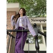 紫色小香风毛衣外套女修身短款长袖针织，开衫设计感上衣外搭j1016