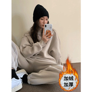 秋冬季加绒加厚卫衣跑步运动服套装女学生韩版宽松时尚休闲两件套