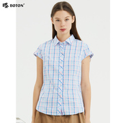 波顿夏季短袖红蓝色白格子(白格子)衬衫女大码高端百搭休闲纯棉薄款衬衣