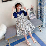韩版儿童夏季裙子女童假两件短袖少女碎花连衣裙时尚拼接洋气淑女