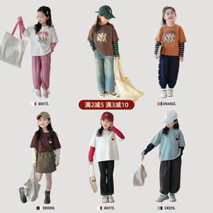 蓝小爸女童假两件t恤2024春季儿童，韩版洋气宝宝圆领长袖上衣
