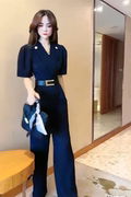 网红时尚连体衣裤女2024夏季高级黑V领泡泡袖显瘦连体裤