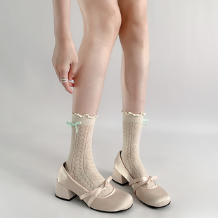 夜间教习室芭蕾风袜子蝴蝶结花边蕾丝袜女夏季薄款镂空白色中筒袜