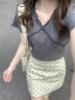韩系两件套夏季温柔气质花边，v领短袖t恤简约波点包臀半身裙套装女