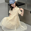 女童夏季连衣裙2024夏季米白色，纱裙中大童女宝，短袖洋气公主裙