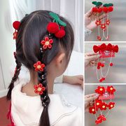 女童唯美樱桃红花珍珠链编发夹创意新儿童新年红花朵发链发带发夹