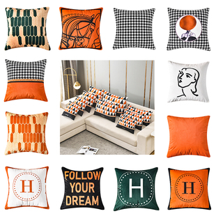 橙色抱枕现代轻奢沙发靠垫长方形大靠背订做千鸟格橘简约抱枕套子