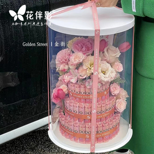 透明圆形蛋糕盒圆形水晶，抱抱桶pvc蛋糕，花束插花盒鲜花包装礼盒