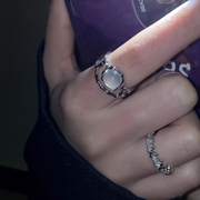 两件套月光石戒指女镶钻开口戒小众，设计素圈食指，戒法式自律指环夏