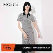 moco奥莱polo领条纹，捏褶扭结收腰开叉，黑白条纹连衣裙气质女