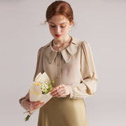 法国设计师CanaryKiss真丝衬衫女春夏通勤纯色双绉长袖荷叶边领法