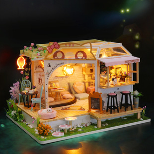 弘达猫咖花园diy手工玩具小屋模型立体拼装创意时光房子生日礼物