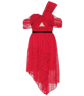 英国轻奢红色植绒点点雪纺，荷叶边百褶皱不规则，单肩连衣裙短裙