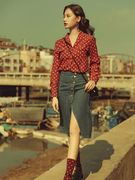 复古港风女装80年代小众设计感文艺港风气质红色衬衫波点上衣怀旧