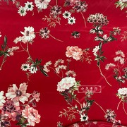 大红色底花朵印花真丝双绉布料，20姆米桑蚕丝，茶歇裙衬衫时装面料