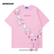 neresum粉色猫咪公仔贴布短袖女夏季纯棉设计感可爱甜酷五分袖t恤