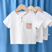 宝宝棉麻上衣短袖，t恤衫婴儿男女儿童半袖，纯棉夏装韩版洋气白色