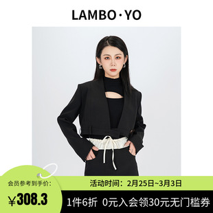 LAMBOYO春季黑色单扣长袖短外套+黑色系带半身短裙女OL时尚款