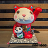 日本匠人手工和纸张子，招财猫抱熊猫，左手红猫好运招福摆件