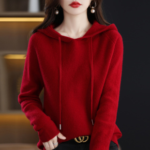 胖mm大码针织羊毛衫慵懒打底衫毛衣韩版帽衫，红色卫衣洋气外穿上衣