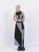 dose7oul设计感显瘦修身型长裙黑白撞色拼接开叉，a字条纹半身裙