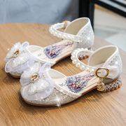 女童皮鞋儿童公主鞋高跟水晶鞋，小女孩水钻礼服单鞋，银白色表演出鞋