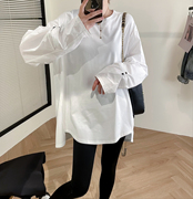 2023秋季韩版衬衫袖拼接T恤女白色长袖设计感宽松打底衫上衣