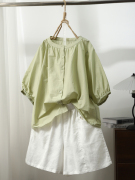 琴川谷夏季五分袖圆领短袖小衫女宽松型单排扣蝙蝠袖休闲衬衫