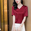 意冉真丝短袖T恤女缎面桑蚕丝红色V领高级感气质简约韩版显瘦上衣