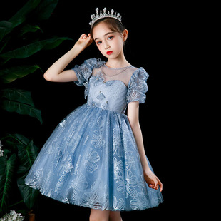 女大童礼服蓝色超仙短款蓬蓬公主裙主持人走秀钢琴女孩高端演出服