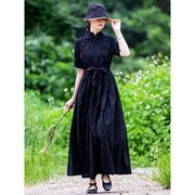 仙衣裾设计师黑色连衣裙新中式，立领修身提花气质，女士改良旗袍长裙