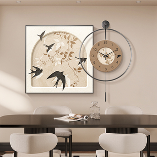 中古风餐厅装饰画挂钟组合复古美拉德饭厅，墙面壁画餐桌挂画带钟表