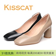 kisscat接吻猫2024春款粗跟高跟鞋方头羊皮，百搭黑色职业女鞋单鞋