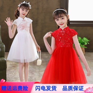 女童旗袍连衣裙夏2023中国风蕾丝，蓬蓬裙红色仙美公主裙古筝表演裙