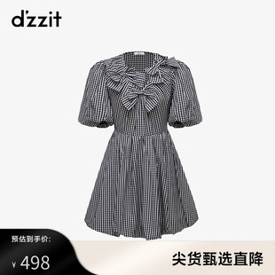 dzzit地素奥莱法式甜美可爱v领蝴蝶结装饰格子泡泡袖a字连衣裙