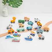 勒酷儿童木制轨道配件场景小车船 可爱动物飞船兼容托马斯小火车