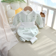 婴儿三层保暖2件套秋冬季纯棉高腰护肚分体对开宝宝夹棉套装外穿