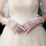 新娘结婚婚纱礼服手套蕾丝网，纱珍珠手套白色简约短款手套结婚配饰