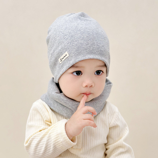 婴儿帽子春秋款套装围脖两件套宝宝纯棉男女童婴幼儿套头帽堆堆帽