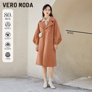 Vero Moda毛呢大衣女双排扣系带灯笼袖气质外套女▲