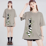 熊猫图案t恤女短袖，2023宽松上衣，小个子夏季纯棉百搭印花卡通