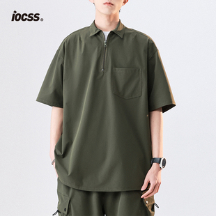 iocss美式短袖polo衫宽松情侣军，绿色男生夏季t恤小众立体口袋