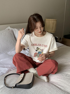 anna 韩系可爱卡通图案米白色短袖t恤女夏季冰绿色清新减龄T