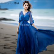 海边度假长裙收腰显瘦大摆裙高级感到脚踝长款裙子梦幻蓝色沙滩裙