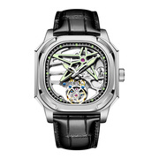 表皮带瑞士手表机械品牌，男时尚陀飞轮，方形真皮夜光国产腕表