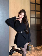 韩国秋冬黑色针织开衫斗篷外套，女装中长款毛衣气质慵懒风上衣