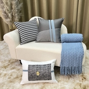 居家沙发飘窗样板房蓝色轻奢后现代拼接混纺拼接抱枕针织搭巾组